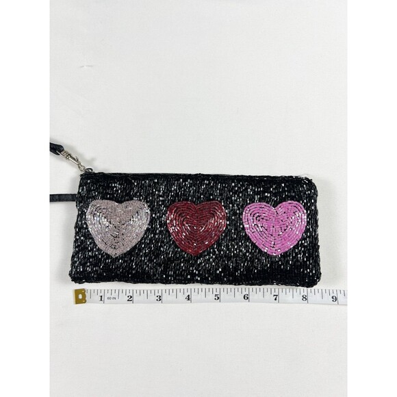 Liz Claiborne Beaded Wristlet Satin Y2K Hearts Black Goth Glam Kidcore Going Out - Picture 4 of 12